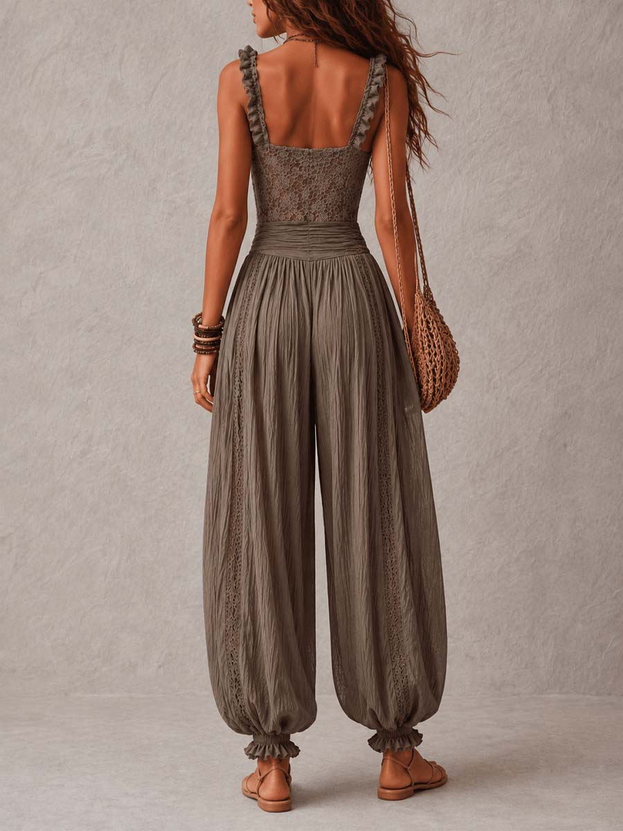 Nieves • Completo con top a fascia in pizzo grigio e pantaloni harem in cotone plissettato