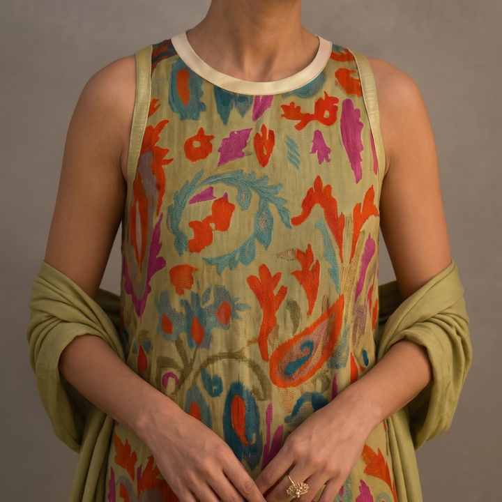 Chiara | Abito lungo stampato con gilet coordinato