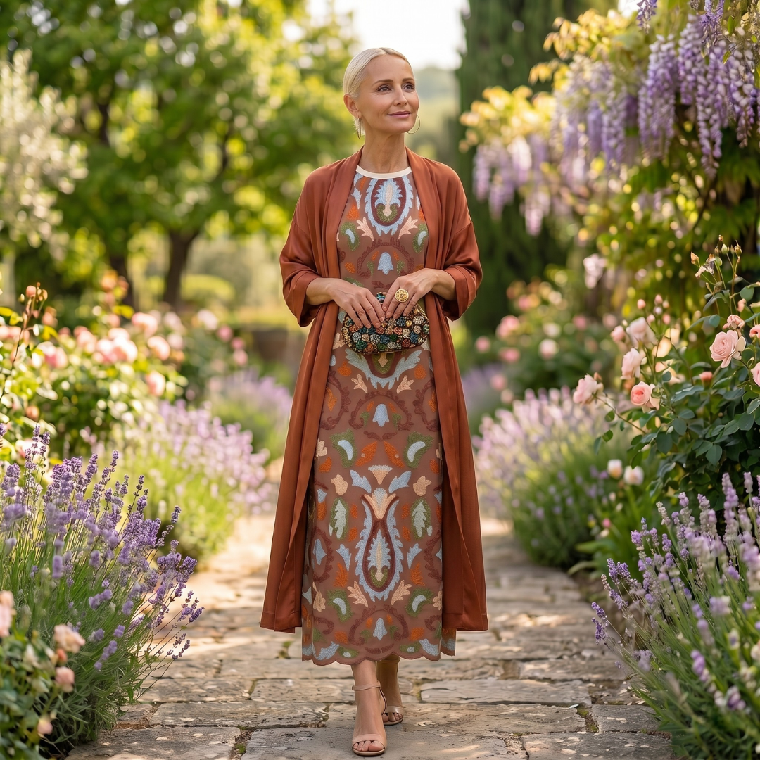 Chiara | Abito lungo stampato con gilet coordinato