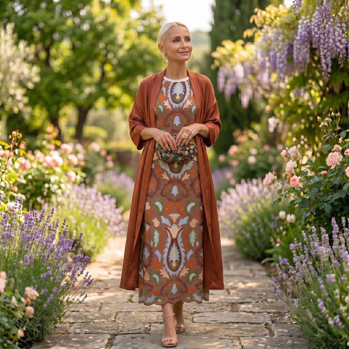 Chiara | Abito lungo stampato con gilet coordinato
