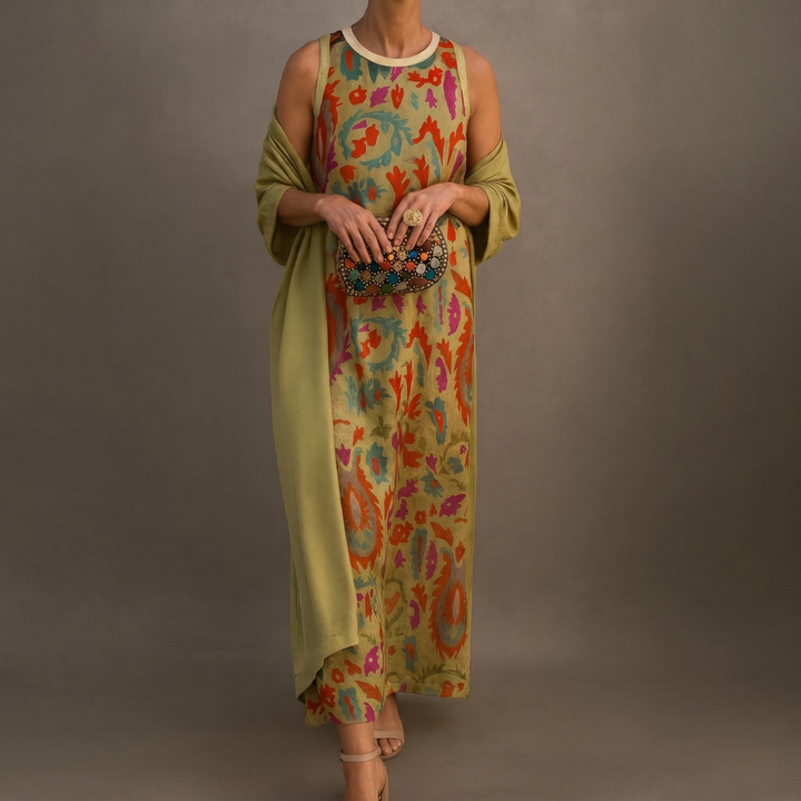 Chiara | Abito lungo stampato con gilet coordinato