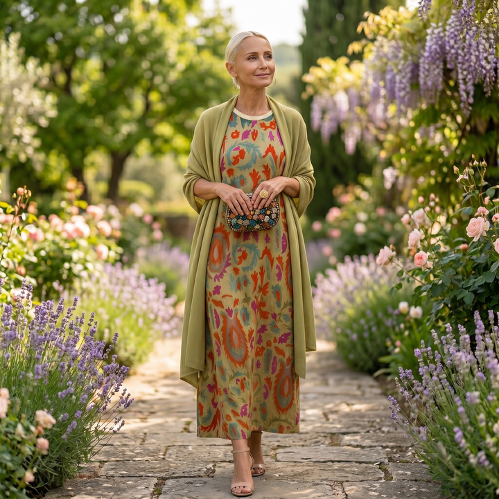 Chiara | Abito lungo stampato con gilet coordinato