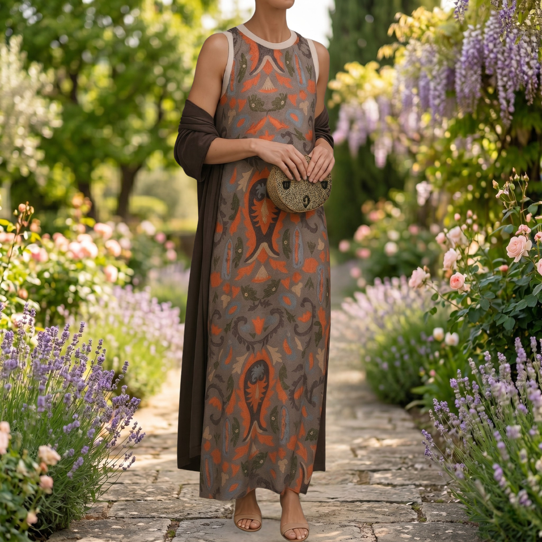 Chiara | Abito lungo stampato con gilet coordinato