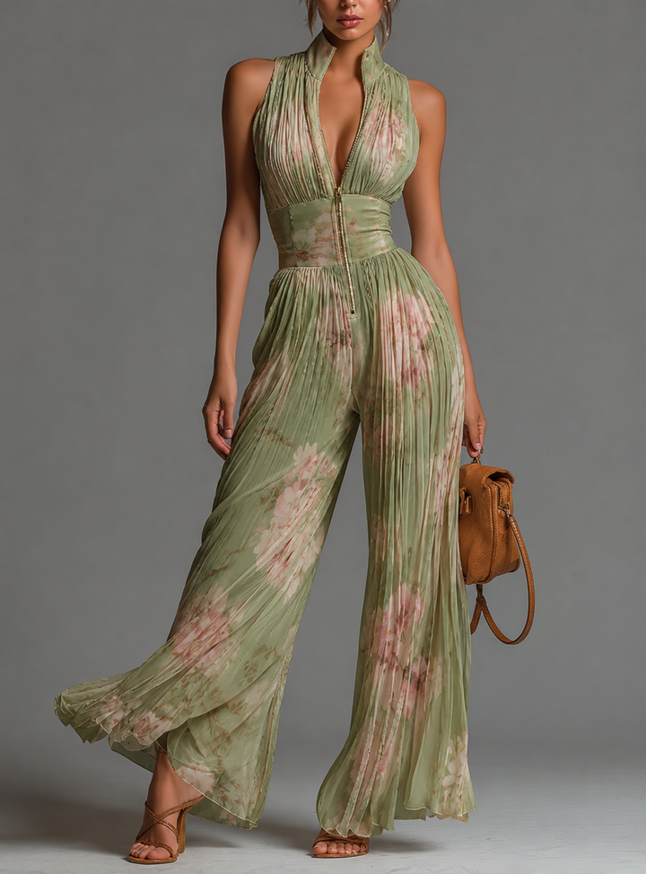 Alessandra | Tuta plissettata in chiffon verde salvia floreale con maniche a kimono
