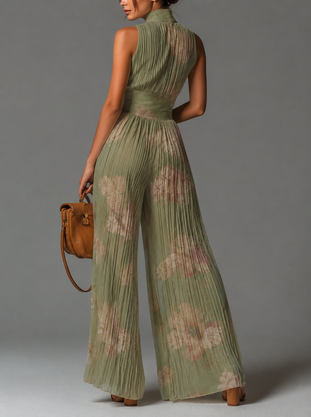 Alessandra | Tuta plissettata in chiffon verde salvia floreale con maniche a kimono