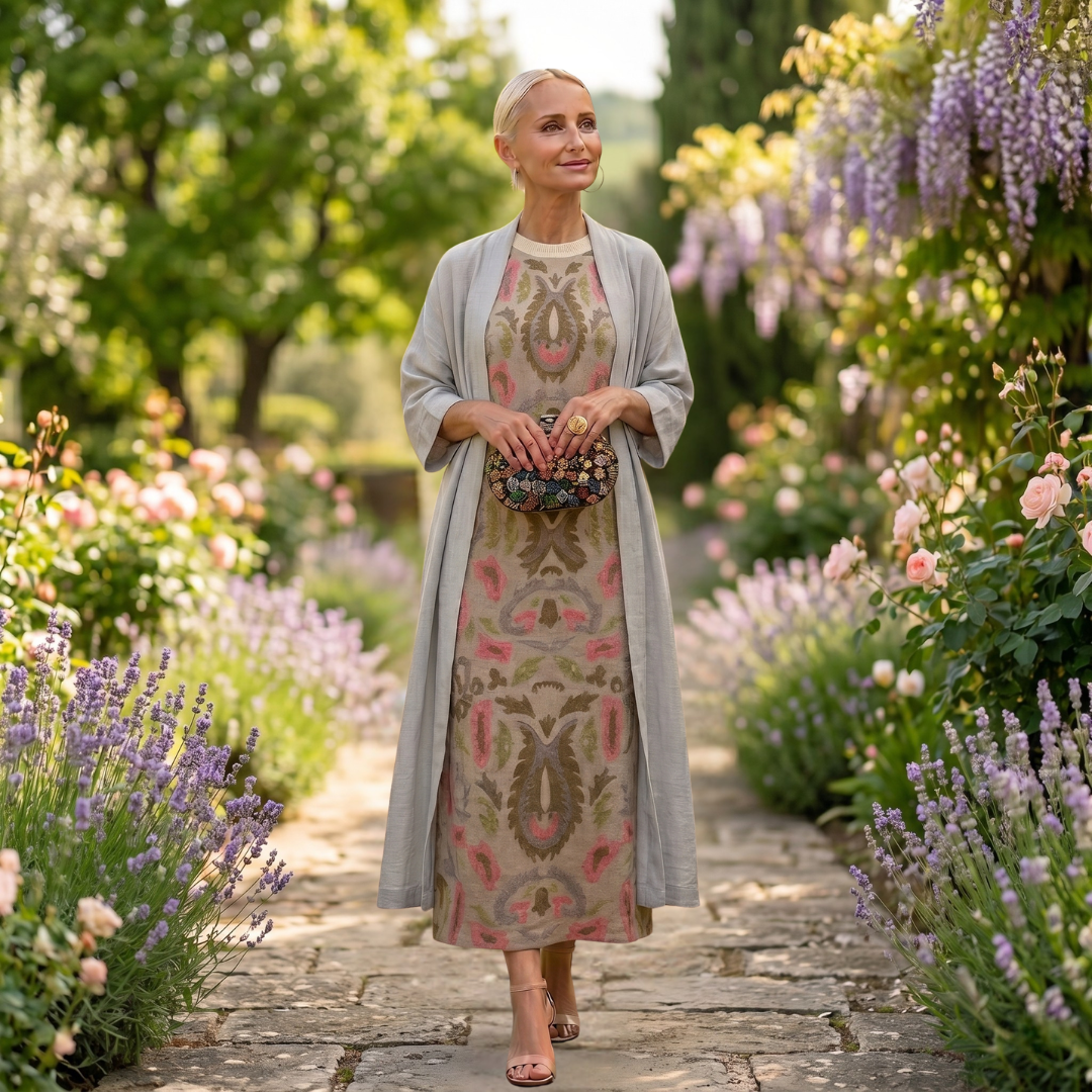 Chiara | Abito lungo stampato con gilet coordinato