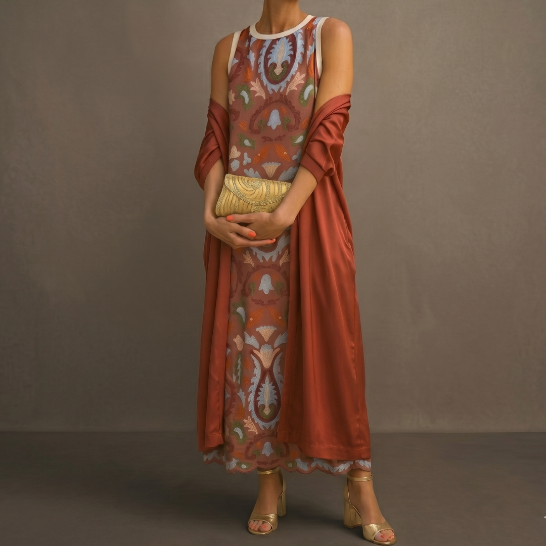 Chiara | Abito lungo stampato con gilet coordinato