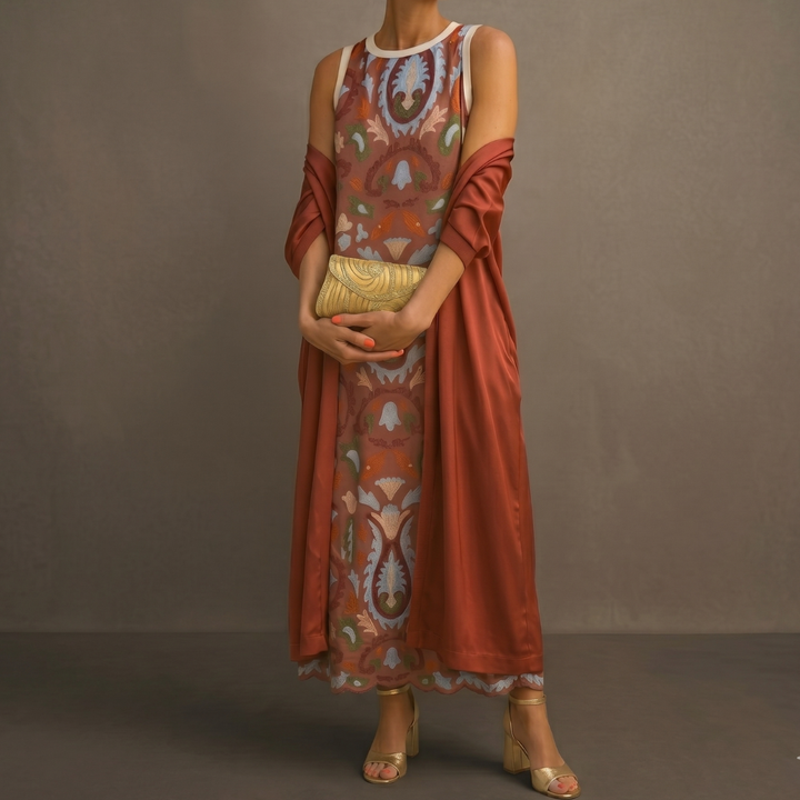 Chiara | Abito lungo stampato con gilet coordinato