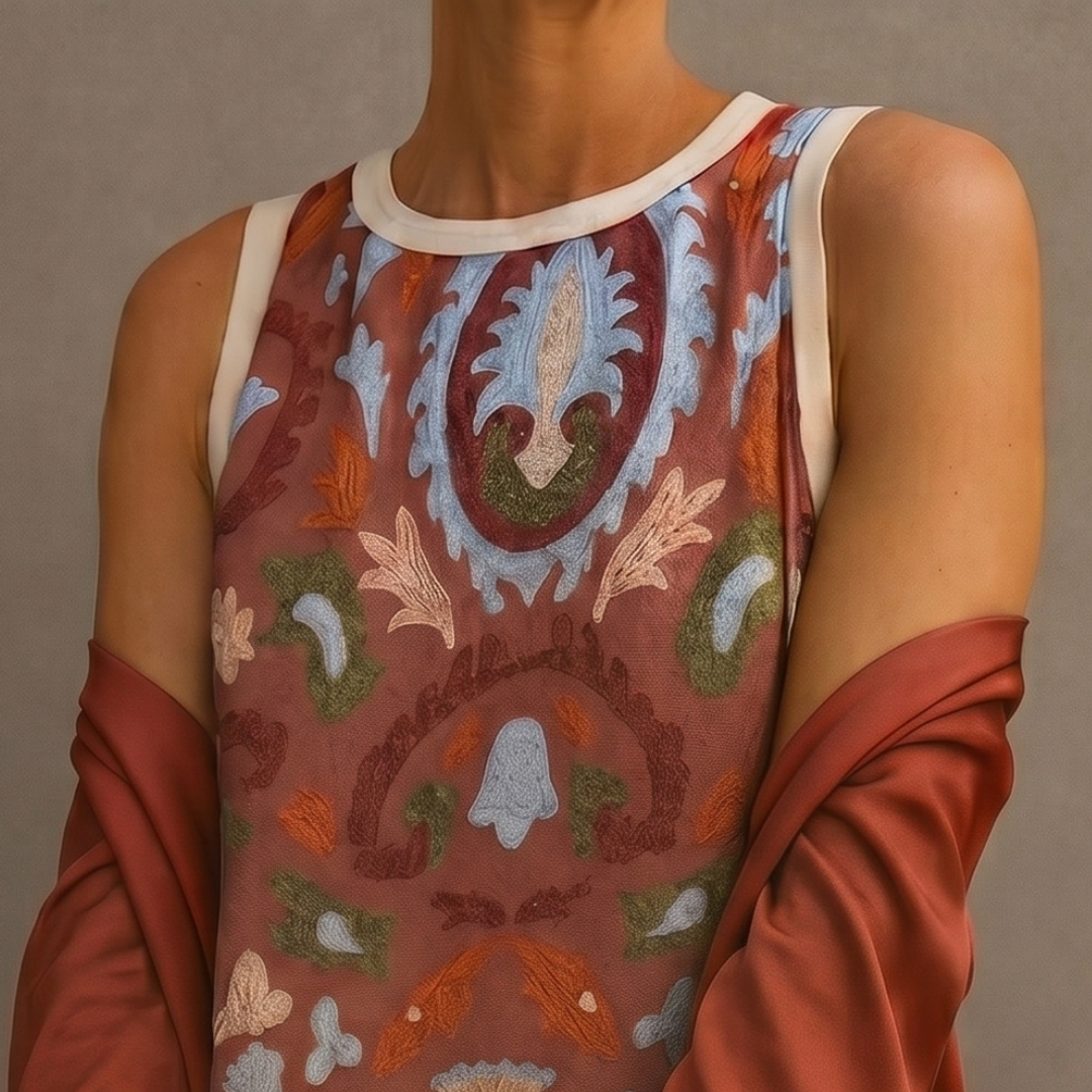 Chiara | Abito lungo stampato con gilet coordinato