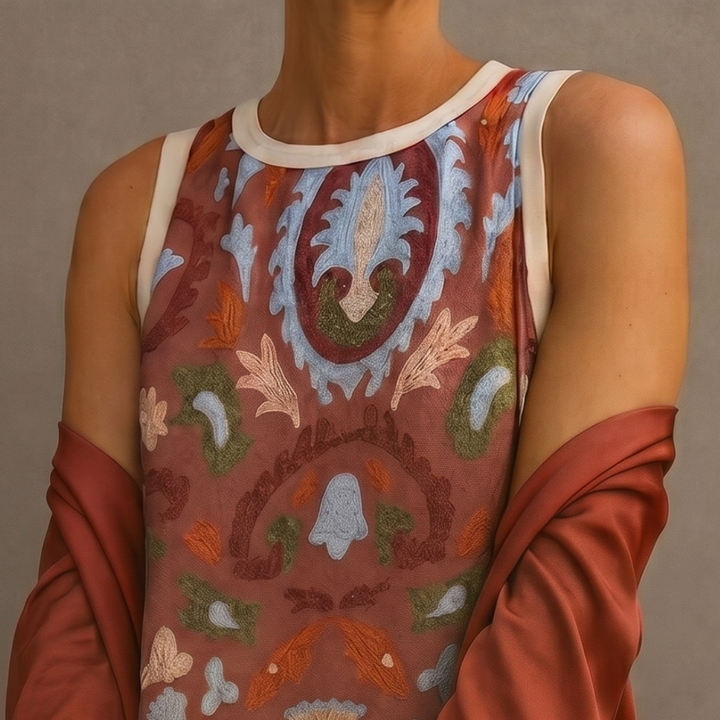Chiara | Abito lungo stampato con gilet coordinato