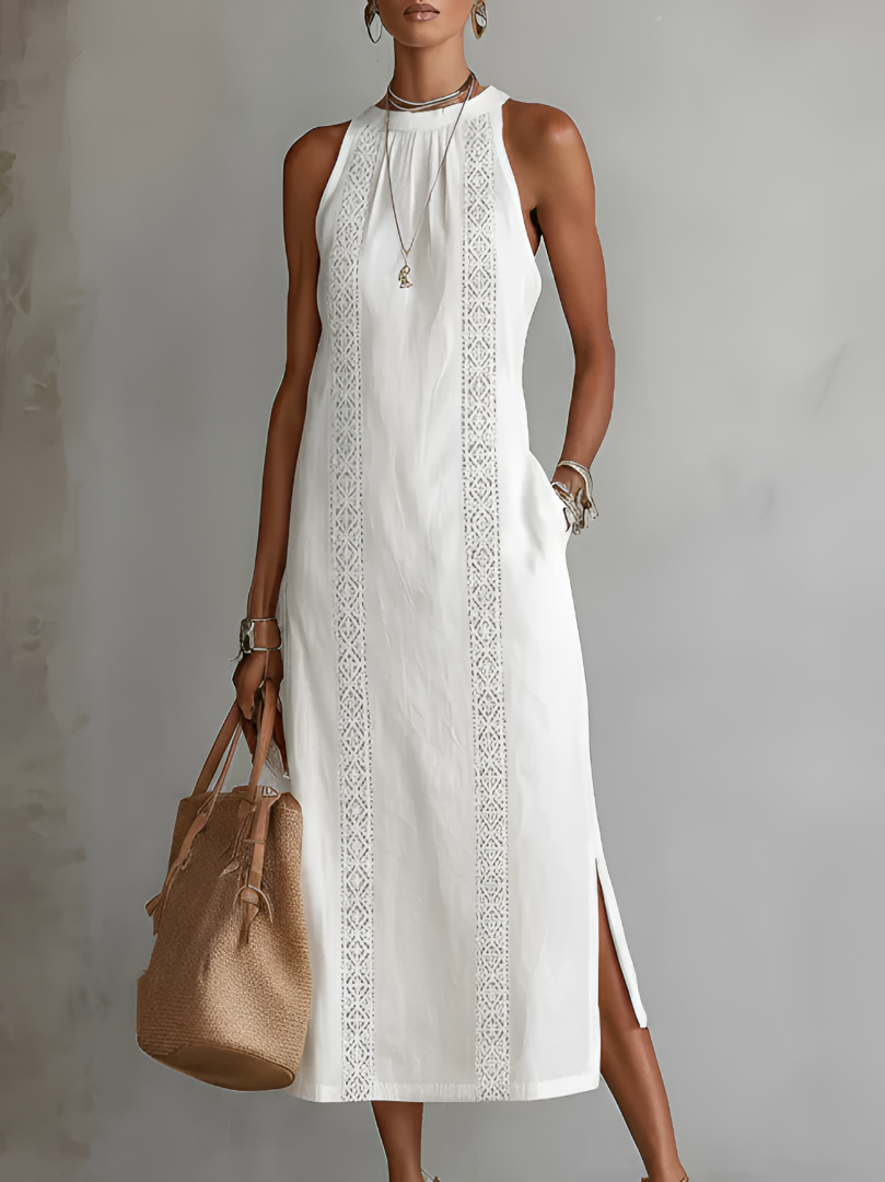 Carlotta | Abito Midi in Lino con Collo Mao