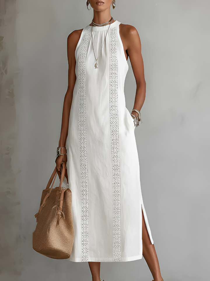 Carlotta | Abito Midi in Lino con Collo Mao