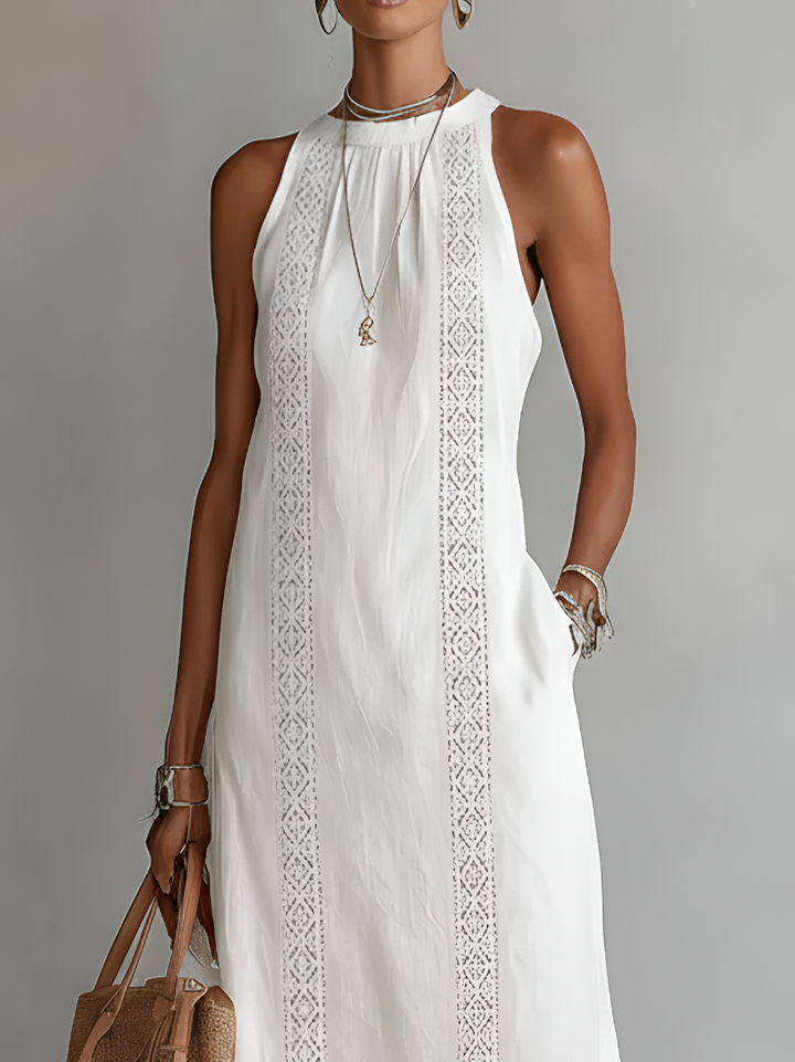 Carlotta | Abito Midi in Lino con Collo Mao