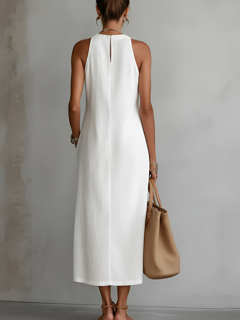 Carlotta | Abito Midi in Lino con Collo Mao
