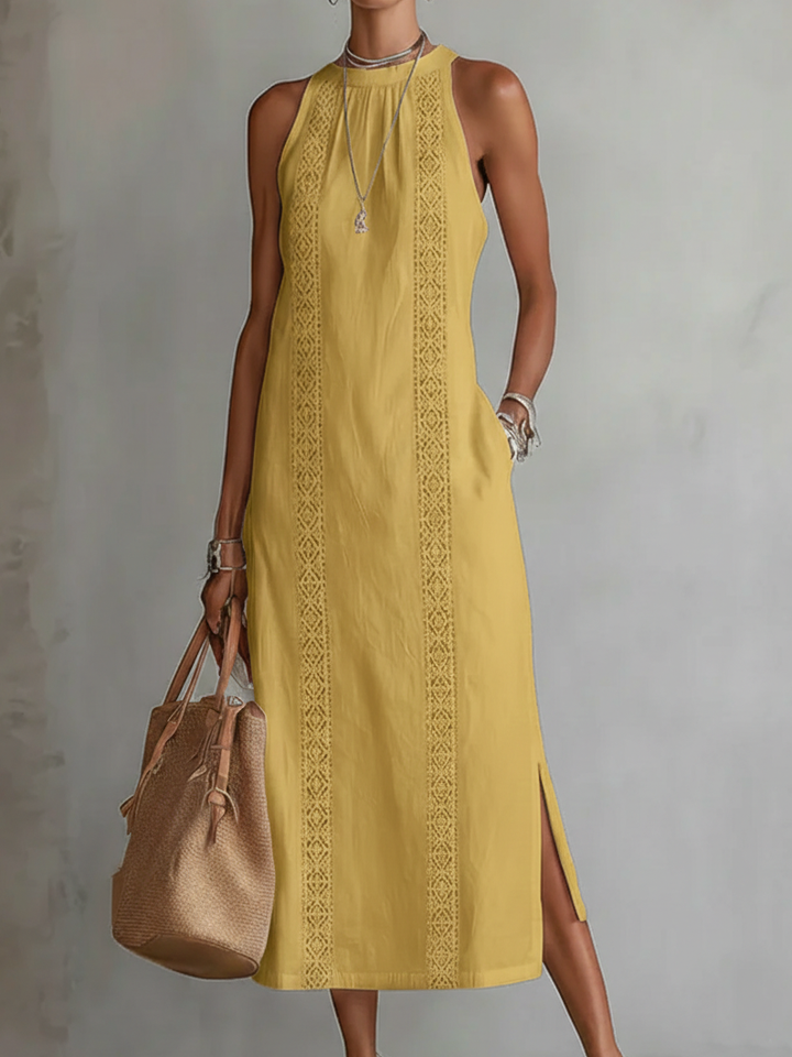 Carlotta | Abito Midi in Lino con Collo Mao