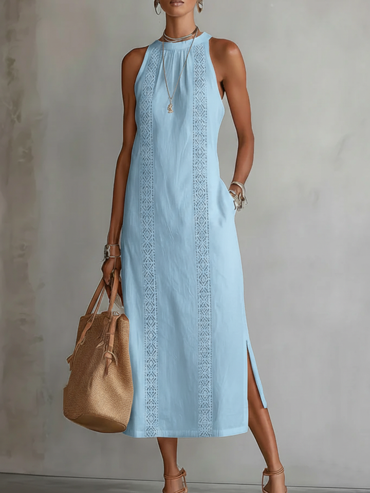 Carlotta | Abito Midi in Lino con Collo Mao