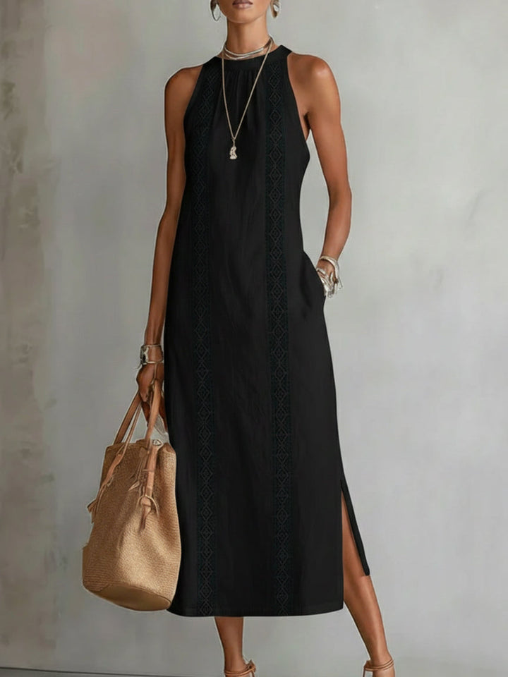 Carlotta | Abito Midi in Lino con Collo Mao