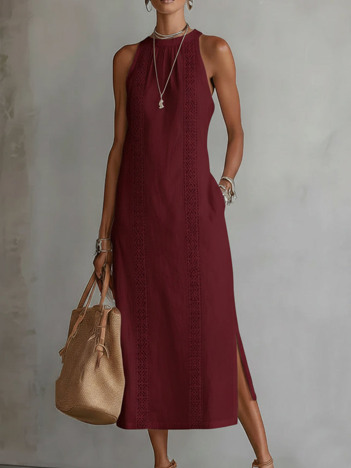 Carlotta | Abito Midi in Lino con Collo Mao
